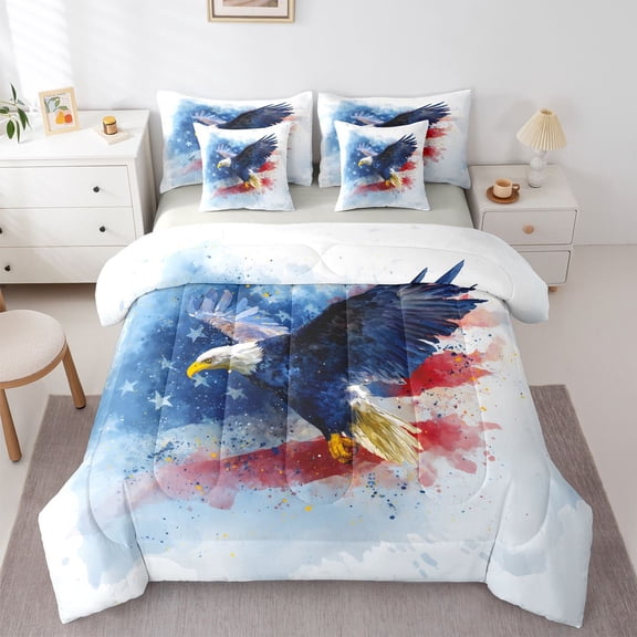 Manfei Wild Bald Eagle 7 Pieces Full Size Bedding Sets,Stars Stripe Flag Full Size Bed in a Bag,White,Light Gray Reversible