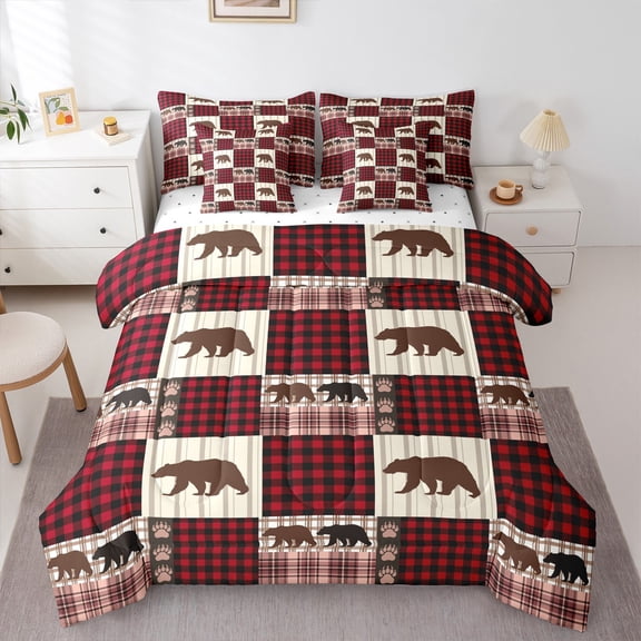 Manfei Wild Bear 7 Pieces Bedding Comforter Set,Jungle Animal Full Bedding Set,Red Patchwork Geometric Plaid Fitted Sheet Flat Sheet For Kids,Ultra Soft Home Decor