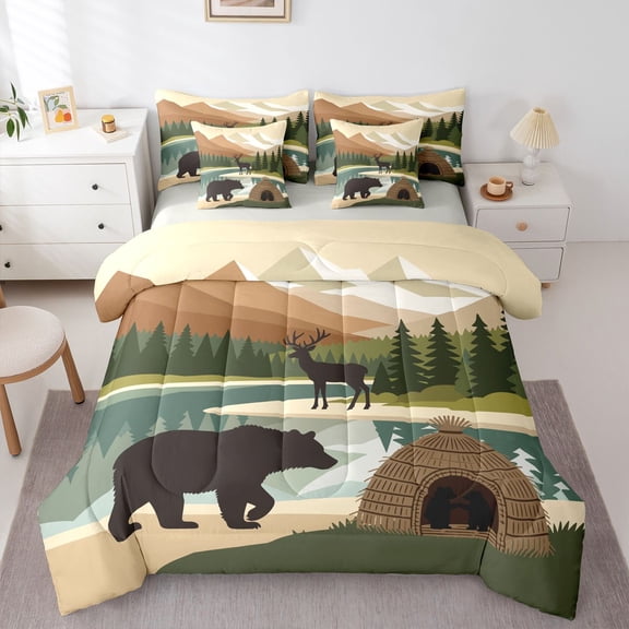 Manfei Wild Bear 7 Pieces Full Size Bedding Sets,Vintage Animals Full Size Bed in a Bag,Brown,Light Gray Reversible