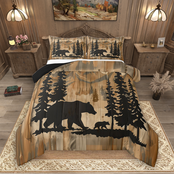 Manfei Wild Bear Animal Bedding Comforter Set 2pcs, Jungle Pine Tree Twin Comforter Sets, Brown Watercolor Ombre Bedding Set, Ultra Soft Home Decor