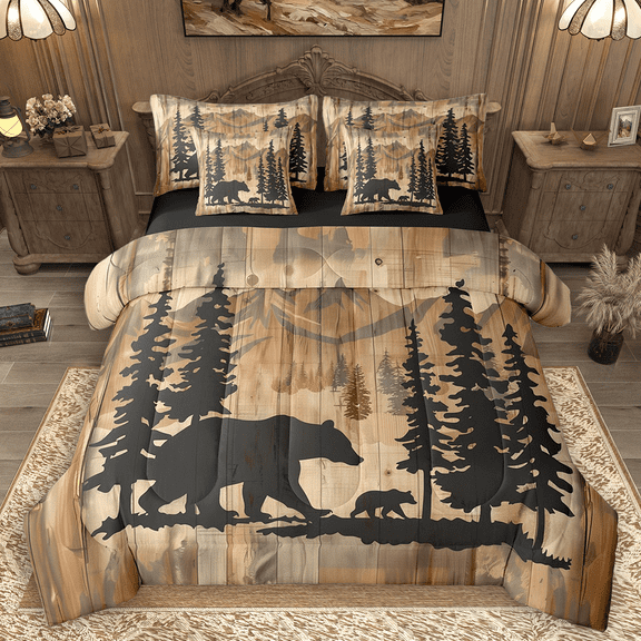Manfei Wild Bear Animal Twin Bedding Sets 7pcs, Jungle Pine Tree Bedding Comforter Set, Brown Watercolor Ombre Sheet Sets, Ultra Soft Home Decor