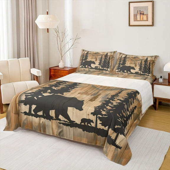 Manfei Wild Bear Animal Twin Sheet Sets 3pcs, Jungle Pine Tree Twin Fitted Sheet, Brown Watercolor Ombre Flat Sheet, Ultra Soft Home Decor