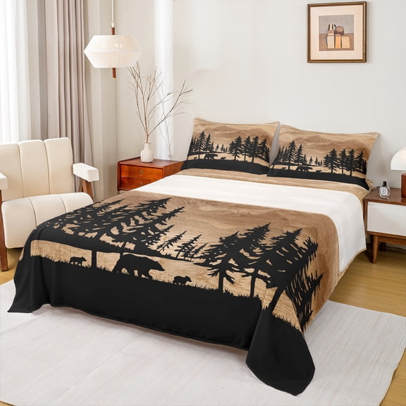 Manfei Wild Bear Bed Sheets,Jungle Animal King Sheets,Rustic Wood Sheet Set For Kids,Super Cozy Room Decor,4pcs