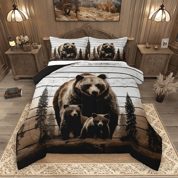 Manfei Wild Bear Bedding Comforter Set 2pcs, Jungle Wildlife Twin Comforter Sets, Old Barn Door Stripe Bedding Set, Breathable Home Decor