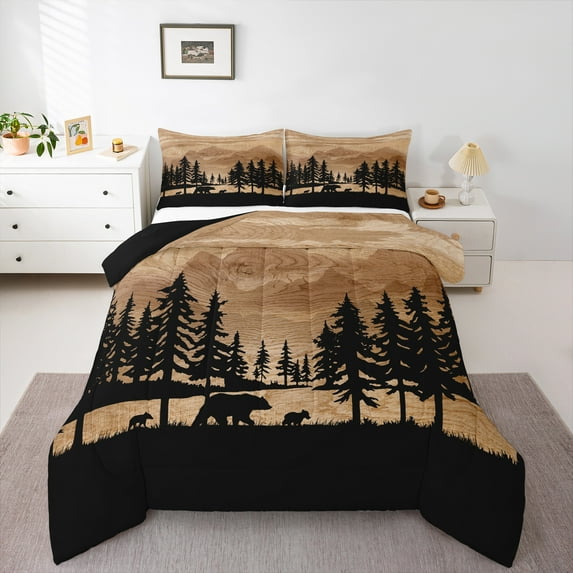 Manfei Wild Bear Bedding Comforter Set,Jungle Animal Twin Comforter Sets,Rustic Wood Bedding Set For Kids,Super Cozy Room Decor Reversible,2pcs