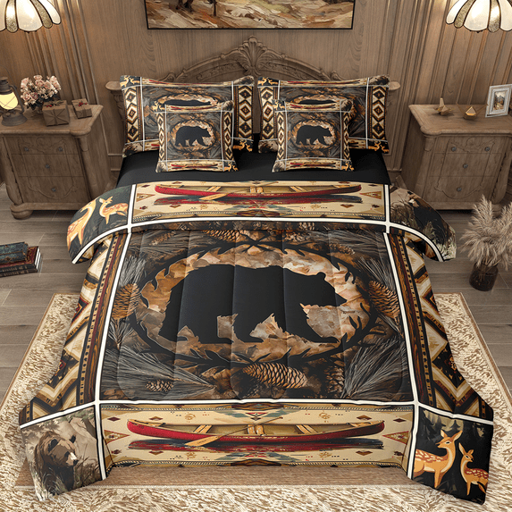 Manfei Wild Bear Deer Bedding Comforter Set 7-Piece, Vintage Lake House Full Bedding Set, Boho Aztec Checkered Fitted Sheet Flat Sheet, Ultra Soft Home Decor