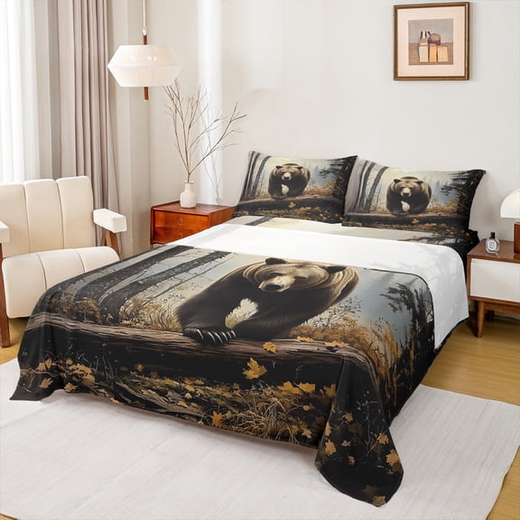 Manfei Wild Bear Deer Queen Sheet Sets,Jungle Animal Flat Sheet,Retro Rustic Framhouse Cabin Queen Fitted Sheet For Kids Boy,Super Cozy Room Decor,4-Piece