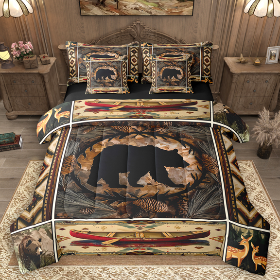 Manfei Wild Bear Deer Twin Bedding Sets 7pcs, Vintage Lake House Bedding Comforter Set, Boho Aztec Checkered Sheet Sets, Ultra Soft Home Decor