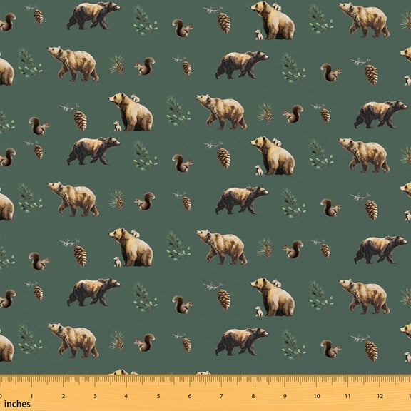Manfei Wild Bear Fabric by the Yard 2 Yards, Safari Wildlife Sewing Fabric, Forest Green