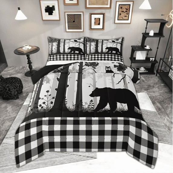 Manfei Wild Bear Full Size Comforter Sets, Jungle Animal Wildlife Bedding Comforter Set, Black White Grid Check Bedding Sets, Breathable Home Decor, 3-Piece Reversible