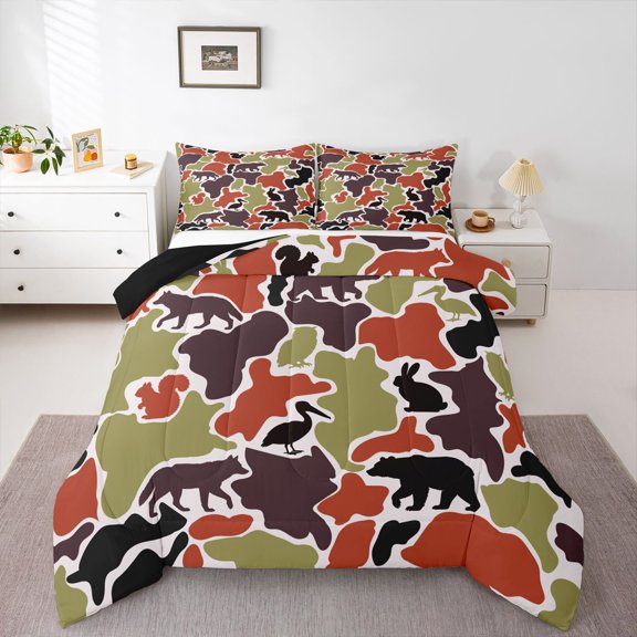 Manfei Wild Bear Patch Queen Comforter Set,Vintage Camouflage Print Comforter Sets Queen,Red Brown,Black Reversible,3 Pieces,1 Comforter and 2 Pillowcases
