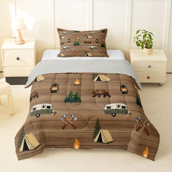 Manfei Wild Bear Twin Comforter Sets,Camping Animal Print Bedding Set,Brown,Light Gray Reversible,2pcs,1 Comforter and 1 Pillowcase