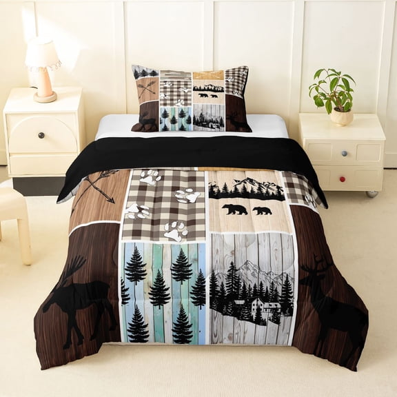 Manfei Wild Bear Twin Comforter Sets,Pine Wood Plaid Patch Bedding Set,Brown,Black Reversible,2-Piece,1 Comforter and 1 Pillowcase