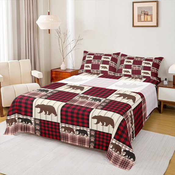 Manfei Wild Bear Twin Sheet Sets,Jungle Animal Twin Fitted Sheet,Red Patchwork Geometric Plaid Flat Sheet For Kids,Ultra Soft Home Decor,3pcs