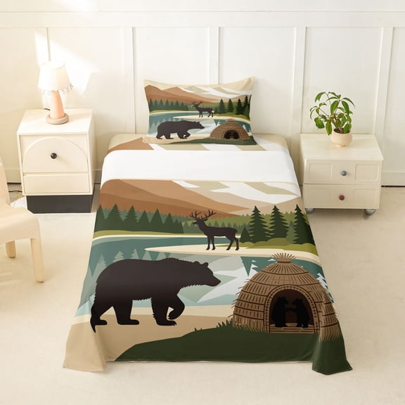 Manfei Wild Bear Twin Sheets,Vintage Animals Bedding,Brown,3-Piece,1 Fitted Sheet and 1 Pillowcase