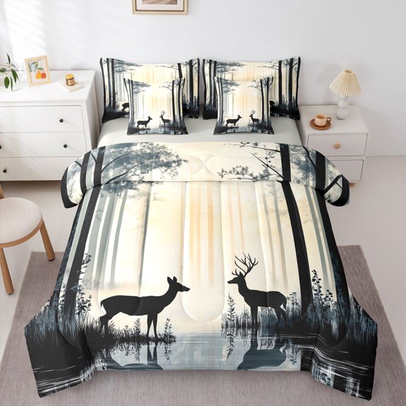 Manfei Wild Buck 7pcs Queen Bedding,Sunlight Lake Bedding Comforter Set Queen,Gray,Light Gray Reversible