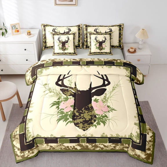 Manfei Wild Buck Grid 7-Piece Twin Bedding,Pretty Floral Bedding Comforter Set,Green,Light Gray Reversible