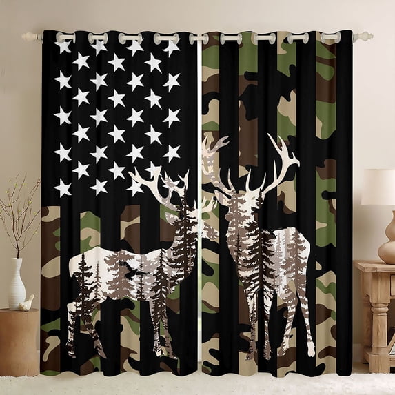 Manfei Wild Buck Kitchen Curtains,Rustic Camo Usa Flag Black Out Curtains Pack of 2 (42x63 Each),Black Green