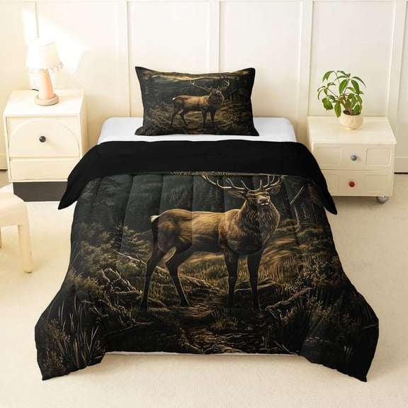 Manfei Wild Buck Twin Comforter Sets,Mountain Wood Bedding Set,Brown,Black Reversible,2 Pieces,1 Comforter and 1 Pillowcase