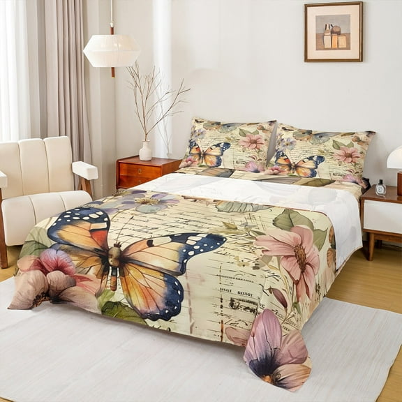 Manfei Wild Butterflies Flower Twin Sheet Sets,Country Floral Twin Fitted Sheet,Beige Pink Flat Sheet For Kids,Luxury Bedroom Decor,3pcs