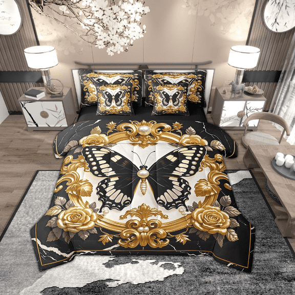 Manfei Wild Butterfly 7pcs Bedding Queen Size for Girls, Vintage Damask Comforter Sets with Sheets, Gold Rose Flower Bed Set, Microfiber Bedroom Decor