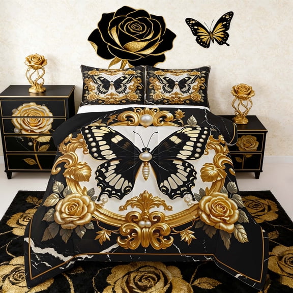 Manfei Wild Butterfly Comforter Sets King Size for Girls, Vintage Damask Comforters & Duvets, Gold Rose Flower Bedding King Comforter Set, Microfiber Bedroom Decor, 3-Piece Reversible