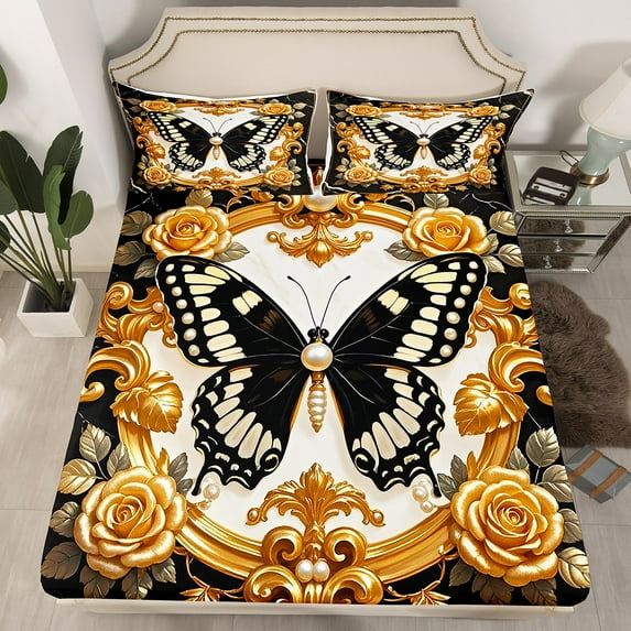 Manfei Wild Butterfly Fitted Sheet Set Queen for Girls, Vintage Damask Bedroom Set, Gold Rose Flower Bedroom Accessories, Microfiber Bedroom Decor, 3-Piece