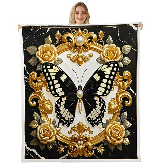 Manfei Wild Butterfly Throw Blanket for Couch 30x40 for Girls, Vintage Damask Plush Blanket, Gold Rose Flower Fleece Throw, Microfiber Bedroom Decor