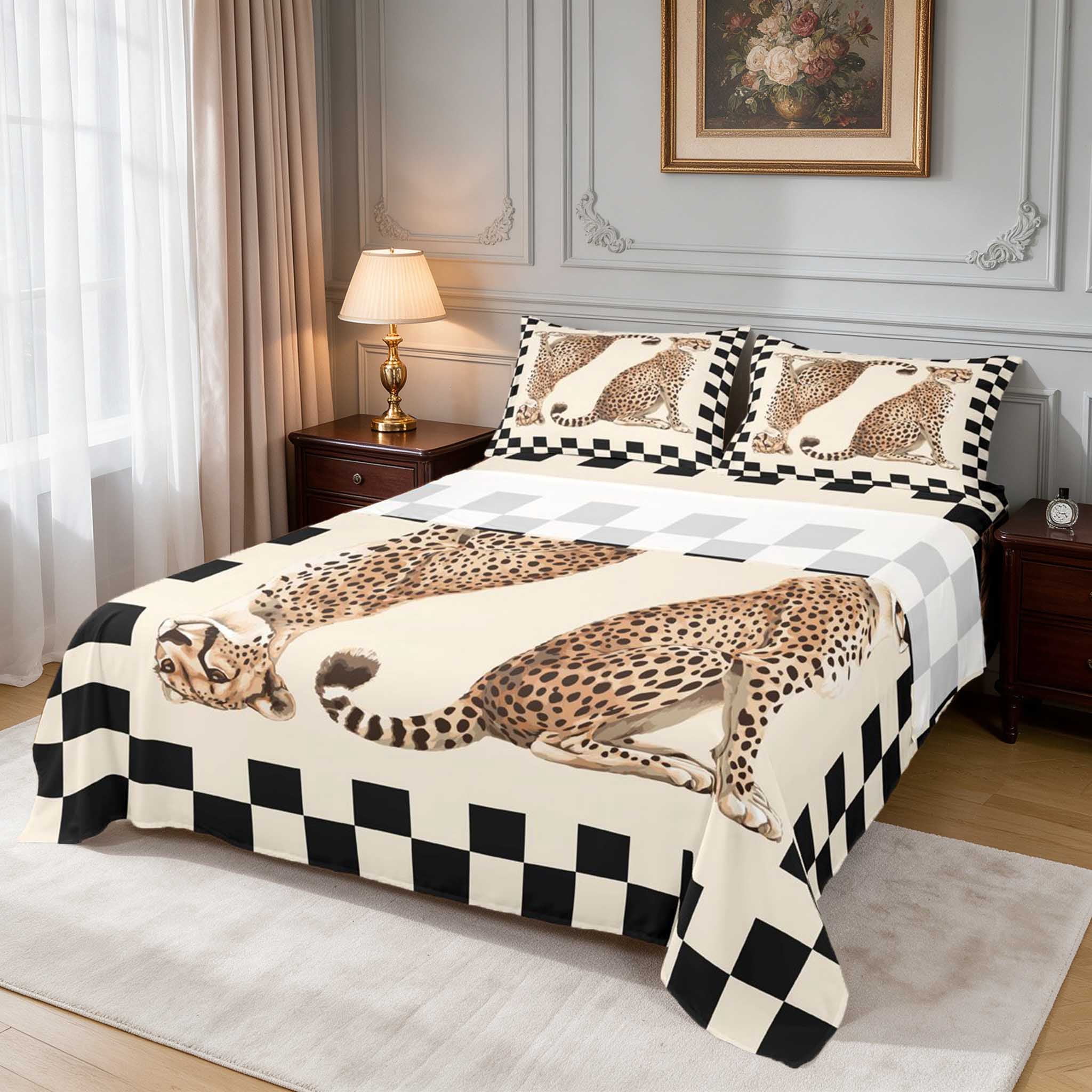 Chequerboard Border Manfei Wild Cat Pair King Sheets, Checker Frame Border Bedding 4pcs (1 ...