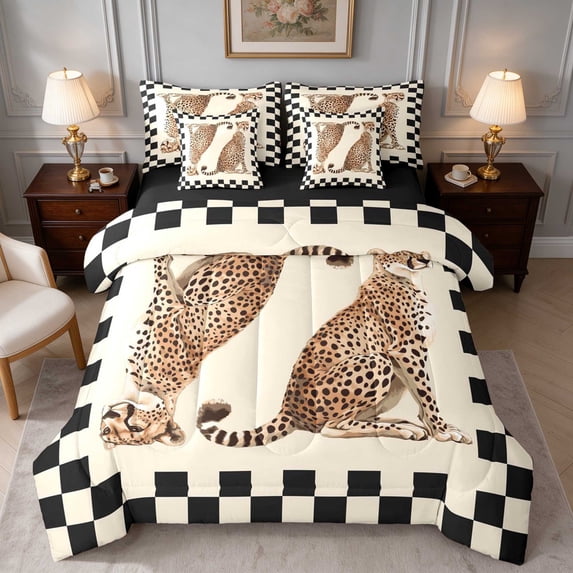 Chequerboard Border Manfei Wild Cat Pair Queen Bedding, Checker Frame Border Bedding ...