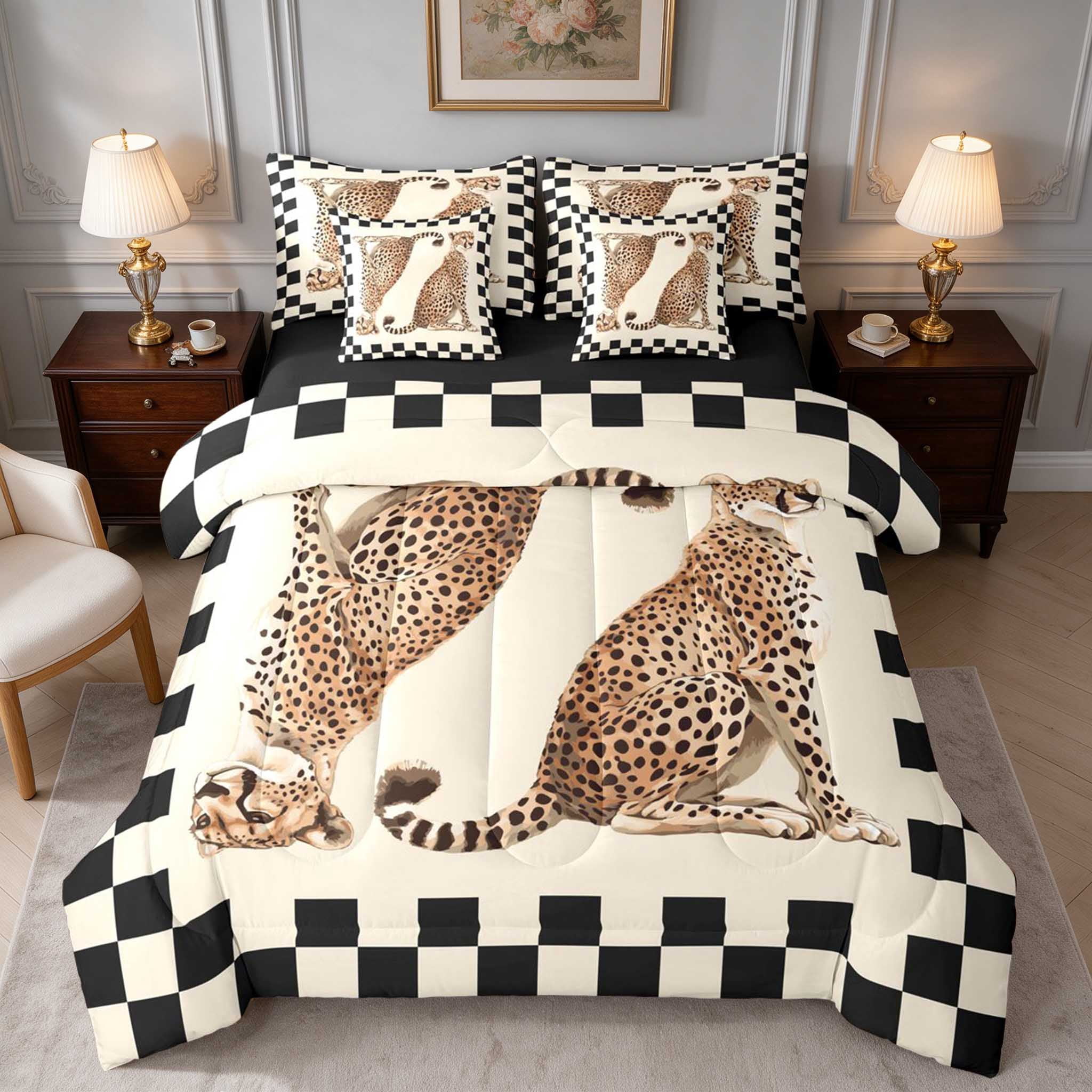 Chequerboard Border Manfei Wild Cat Pair Twin Bedding, Checker Frame Border Bedding ...