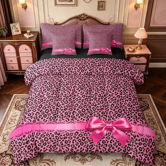 Manfei Wild Cheetah Animal Pattern 7pcs Queen Bedding,Pink Coquette Bowknot Bedding Comforter Set Queen,Black Reversible