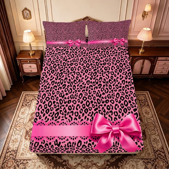 Manfei Wild Cheetah Animal Pattern Fitted Sheet Full,Pink Coquette Bowknot Bed Set,3 Pieces,1 Fitted Sheet and 2 Pillowcases