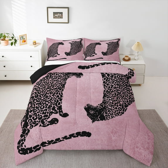 Manfei Wild Cheetah Bedding Comforter Set,Jungle Animal Twin Comforter Sets,Pink Brown Bedding Set For Kids,Super Cozy Room Decor Reversible,2-Piece