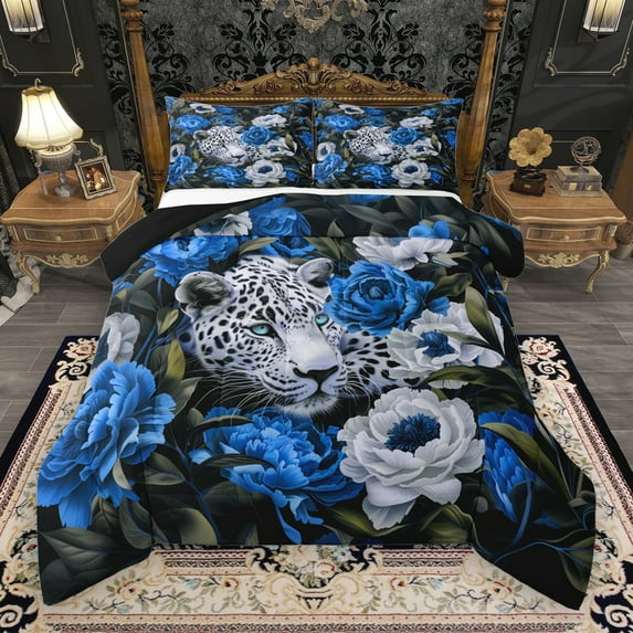 Manfei Wild Cheetah Full Size Comforter Sets,Jungle Animal Bedding Comforter Set,Blue Country Floral Bedding Sets For Girls Kids,Microfiber Bedroom Decor Reversible,3pcs