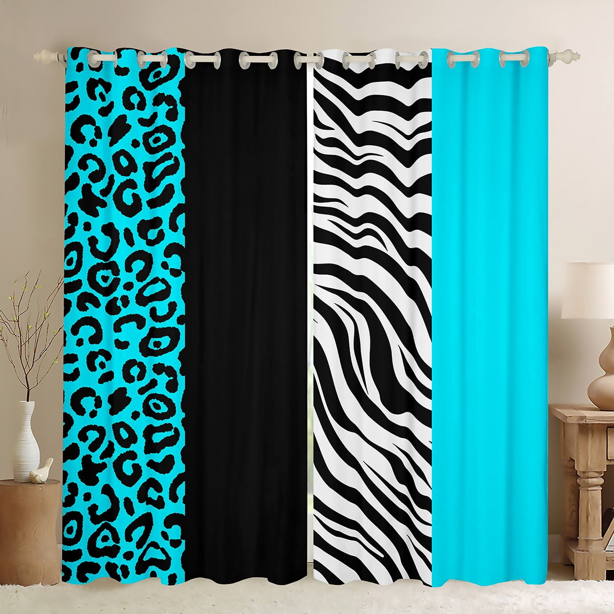 Manfei Wild Cheetah Pattern Blackout Curtains Set of 2 (52x84 Each),Zebra Lines Window Curtains,Bblue Black Leopard Print Curtains and Drapes For Child,Super Cozy Room Decor