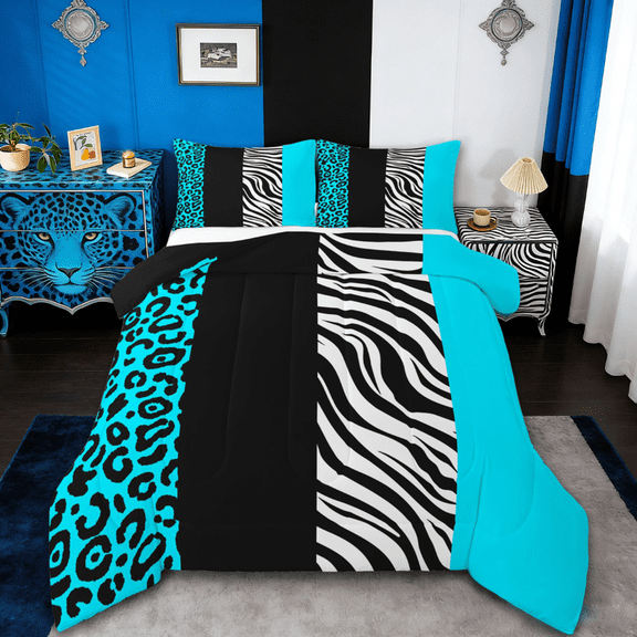 Manfei Wild Cheetah Pattern Full Size Comforter Sets,Zebra Lines Bedding Comforter Set,Bblue Black Leopard Print Bedding Sets For Child,Super Cozy Room Decor Reversible,3 Pieces
