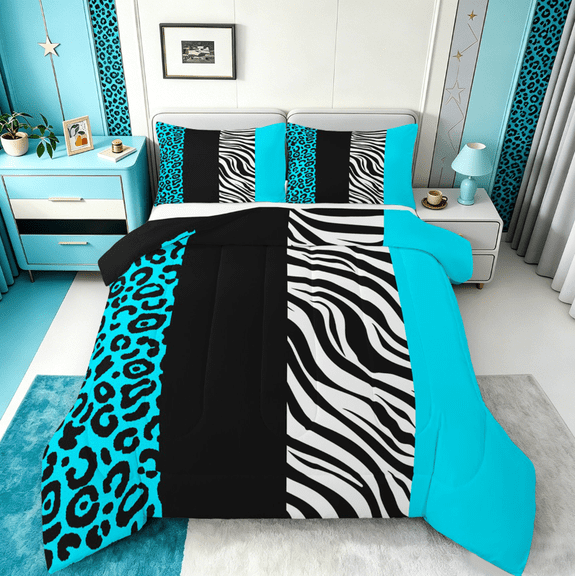 Manfei Wild Cheetah Pattern Queen Comforter Set,Zebra Lines Bedding Sets,Bblue Black Leopard Print Bedding Comforter Set For Child,Super Cozy Room Decor Reversible,3pcs