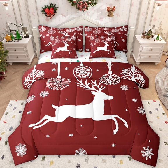 Manfei Wild Christmas Reindeer 7-Piece Twin Bedding Sets,Xmas Snwoflake Bedding Comforter Set,Red White Sheet Sets For Girls Boys,Super Cozy Room Decor Reversible