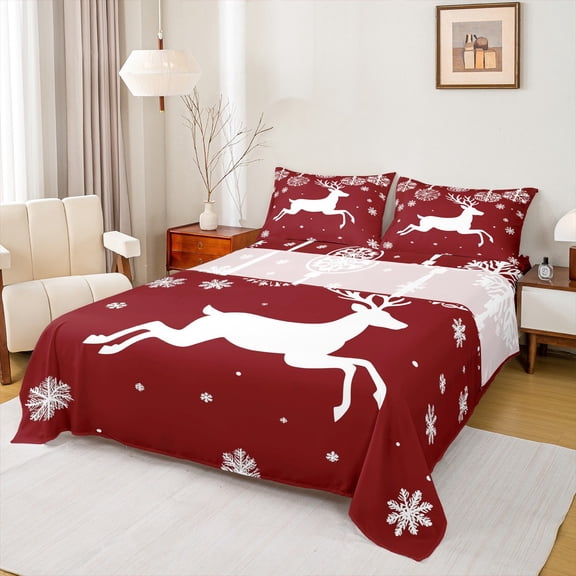 Manfei Wild Christmas Reindeer Bed Sheets,Xmas Snwoflake King Sheets,Red White Sheet Set For Girls Boys,Super Cozy Room Decor,4 Pieces