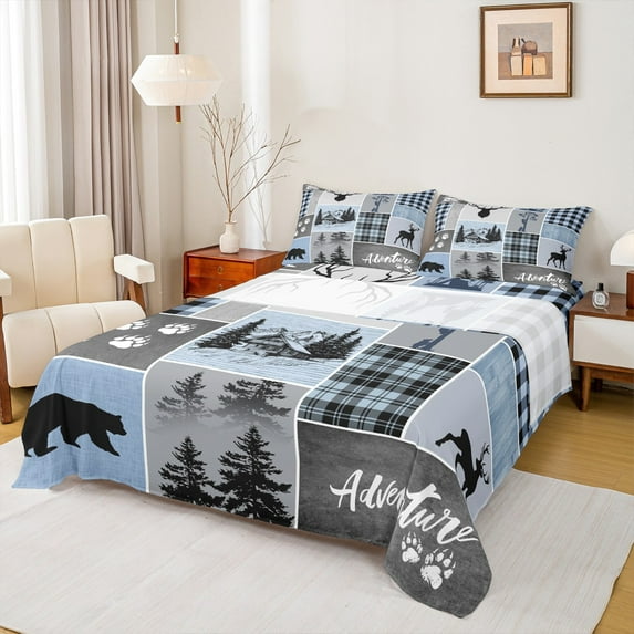 Manfei Wild Deer Bear Full Size Sheets,Weatern Farm Cabin Bed Sheets,Patchwork Geometric Checkered Sheet Sets For Kids,Ultra Soft Home Decor,4pcs