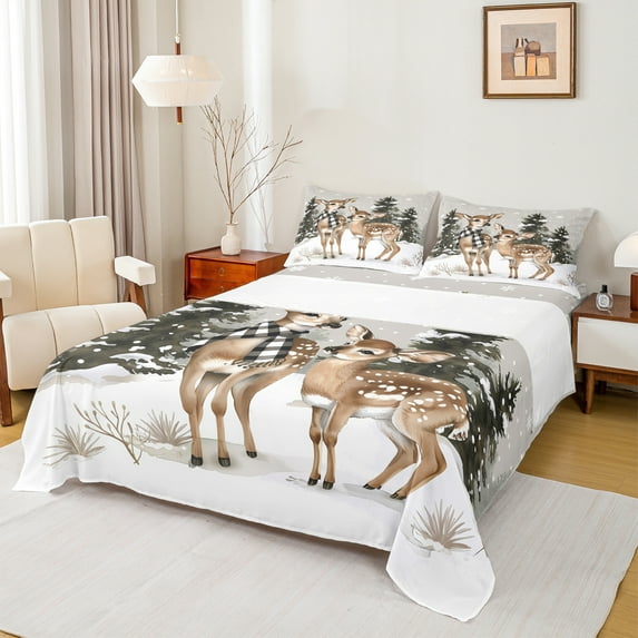 Manfei Wild Deer Full Size Sheets,Cute Xmas Reindeer Bed Sheets,Brown White Green Sheet Sets For Boys Kids,Ultra Soft Home Decor,4pcs