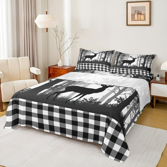 Manfei Wild Deer Moose Bed Sheets, Jungle Animal Wildlife King Sheets, Black White Grid Check Sheet Set, Microfiber Bedroom Decor4 Pieces