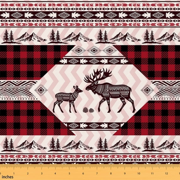 Manfei Wild Deer Moose Fabric by the Yard 1 Yard, Rustic Farmhouse Home Decor Fabric by the Yard, Red Black