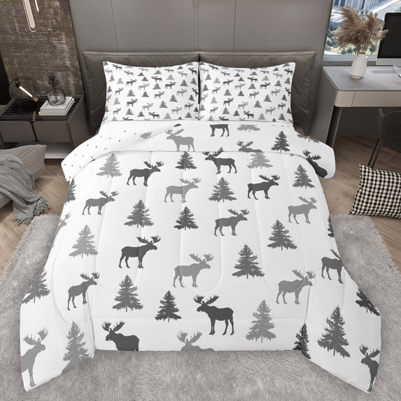 Manfei Wild Deer Moose Queen Comforter Set,Rustic Farmhouse Cabin Bedding Sets,White Gray Bedding Comforter Set For Boys Kids,Super Cozy Room Decor Reversible,3 Pieces