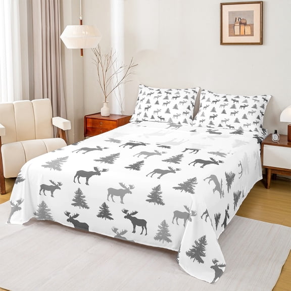 Manfei Wild Deer Moose Twin Sheet Sets,Rustic Farmhouse Cabin Twin Fitted Sheet,White Gray Flat Sheet For Boys Kids,Super Cozy Room Decor,3pcs