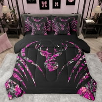 Manfei Wild Deer Silhouette 7-Piece Twin Bedding Sets,Jungle Animal Bedding Comforter Set,Pink Black Sheet Sets For Boys Girls,Breathable Home Decor Reversible