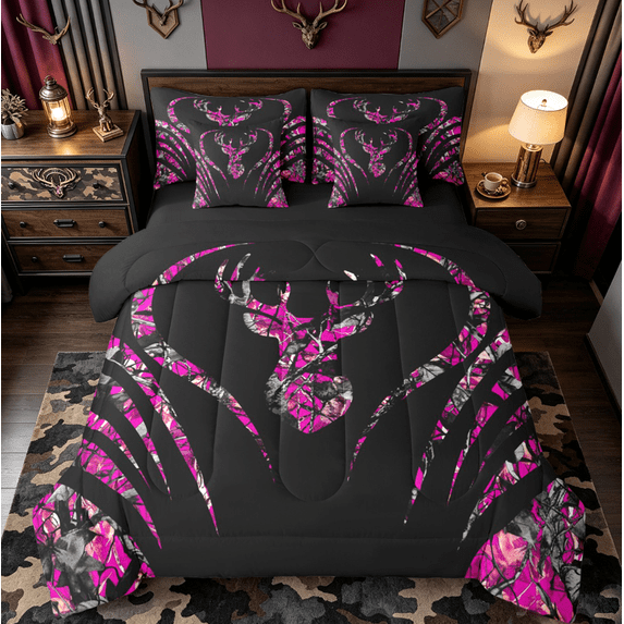 Manfei Wild Deer Silhouette 7-Piece Twin Bedding Sets,Jungle Animal Bedding Comforter Set,Pink Black Sheet Sets For Boys Girls,Breathable Home Decor Reversible