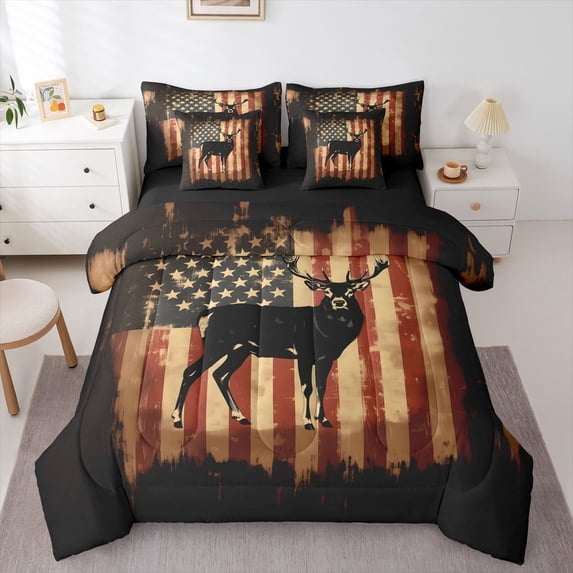 Manfei Wild Deer Silhouette 7 Pieces Full Size Bedding Sets,Classic Us Flag Full Size Bed in a Bag,Black Red,Black Reversible