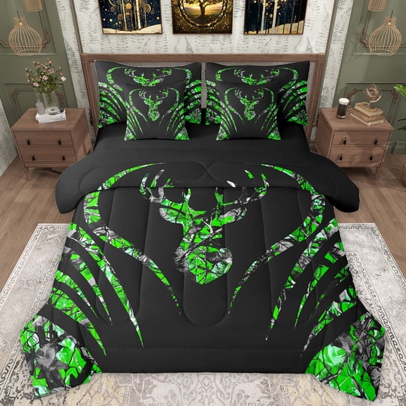 Manfei Wild Deer Silhouette 7pcs Bedding Comforter Set,Jungle Animal Queen Bedding Sets,Green Black Queen Sheet Sets For Boys Girls,Breathable Home Decor Reversible